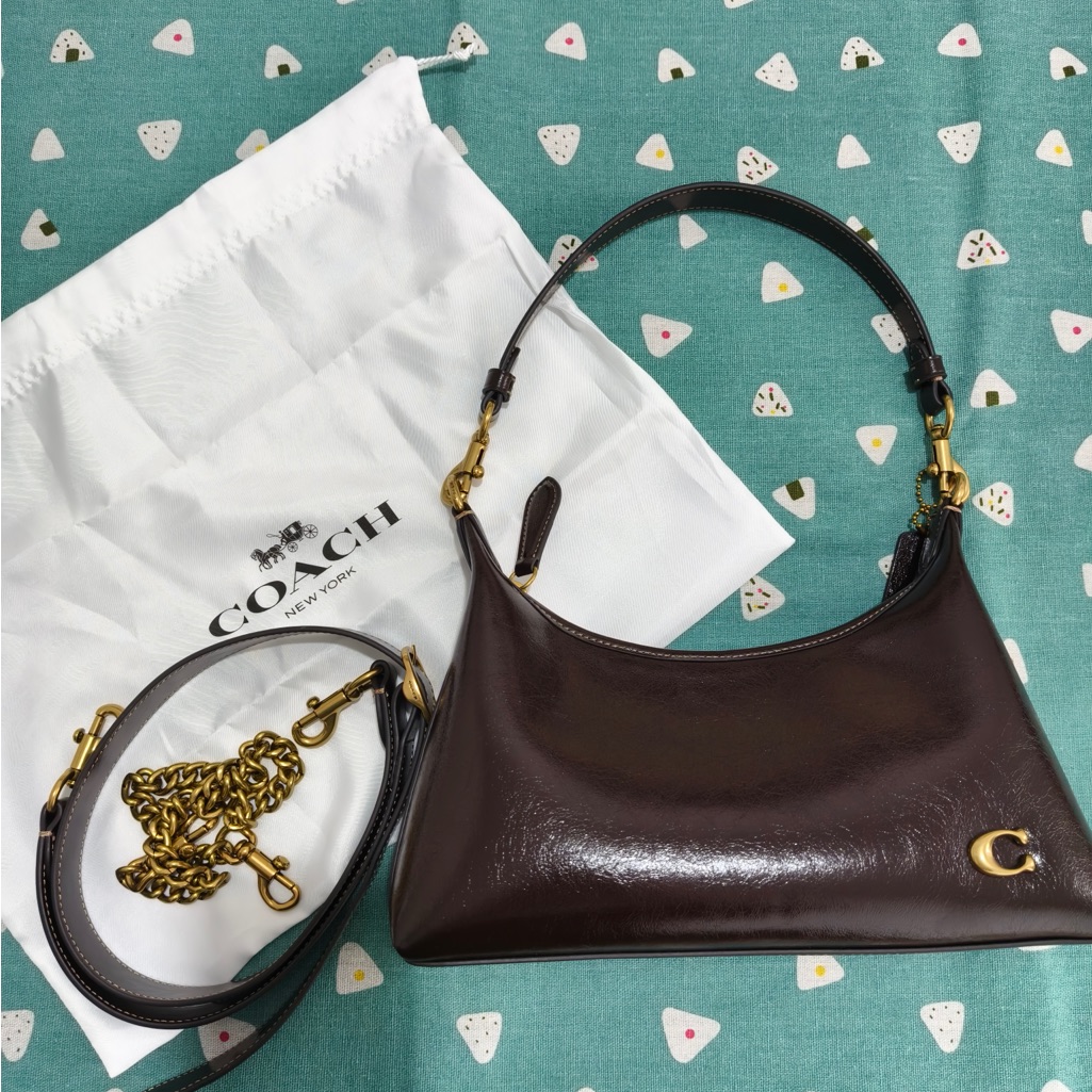 Coach Dark Brown Patent Leather Shoulder Bag With Gold Hardware